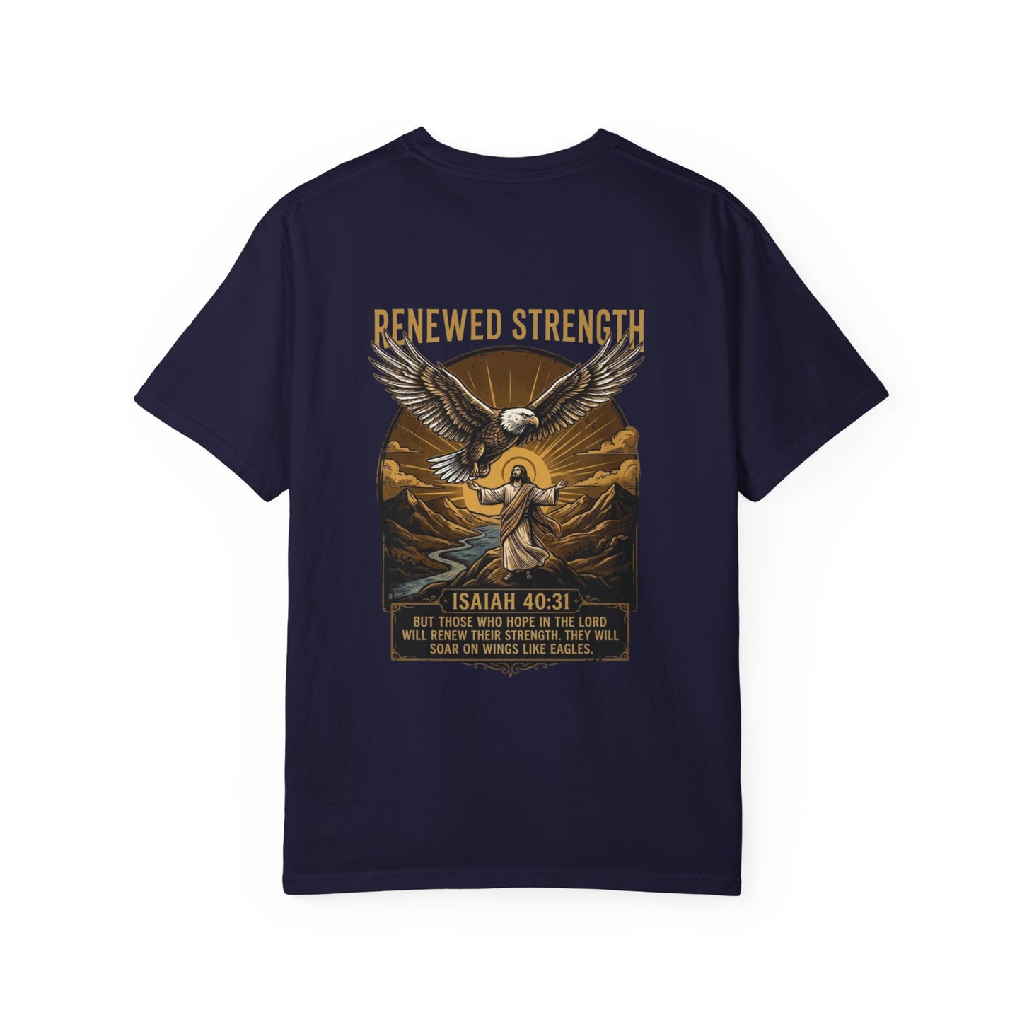 Renewed Strength Unisex Christian T-Shirt | GV Gold Monogram Collection Isaiah 40:31 Bible Verse Faith Streetwear Apparel