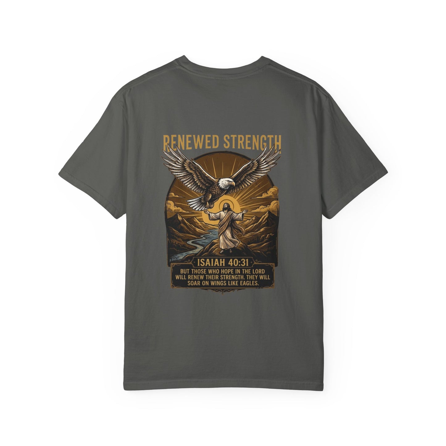 Renewed Strength Unisex Christian T-Shirt | GV Gold Monogram Collection Isaiah 40:31 Bible Verse Faith Streetwear Apparel