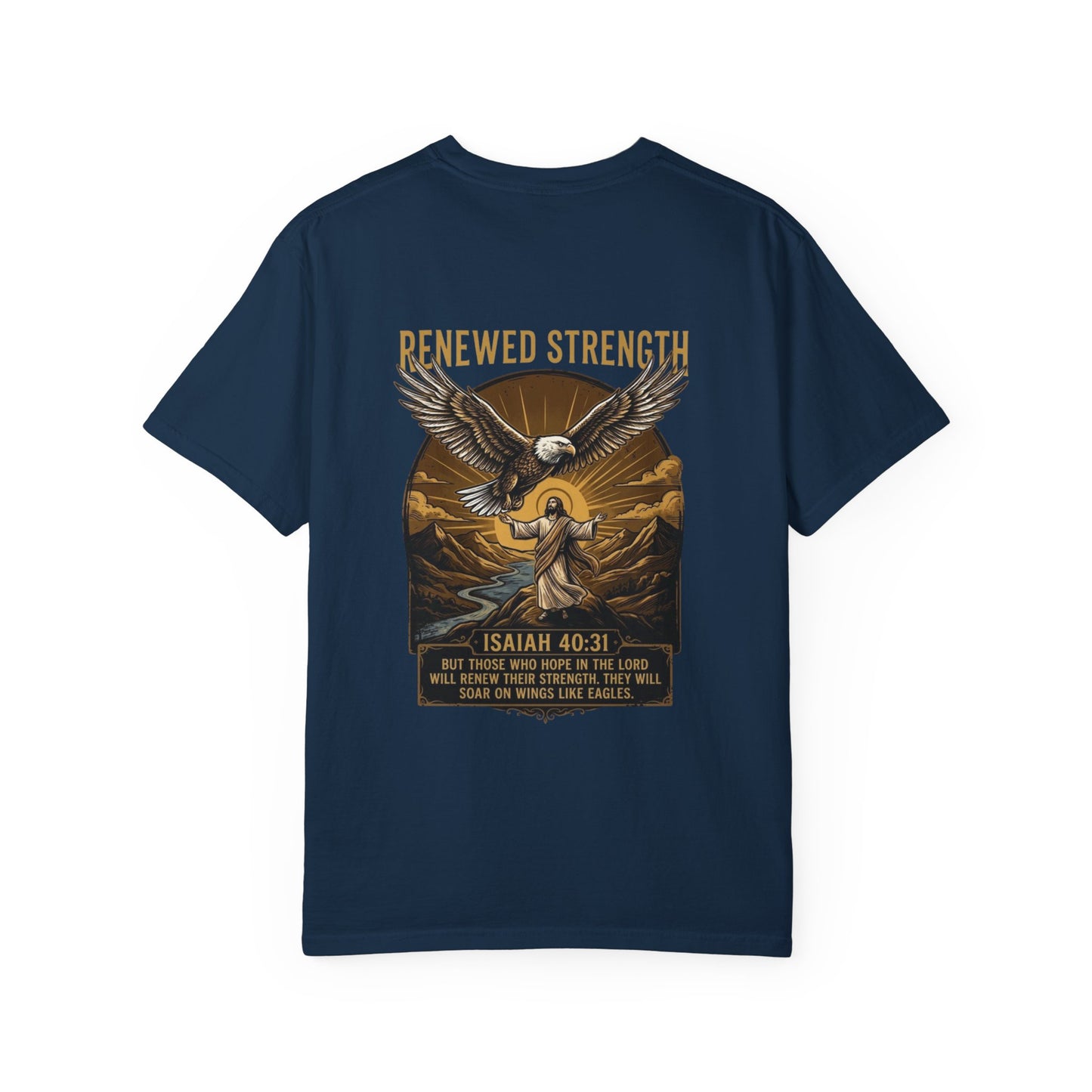 Renewed Strength Unisex Christian T-Shirt | GV Gold Monogram Collection Isaiah 40:31 Bible Verse Faith Streetwear Apparel