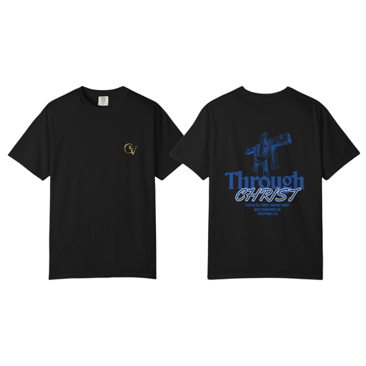 Through Christ Unisex Christian T-Shirt | GV Gold Monogram Collection Philippians 4:13 Bible Verse Faith Streetwear Apparel