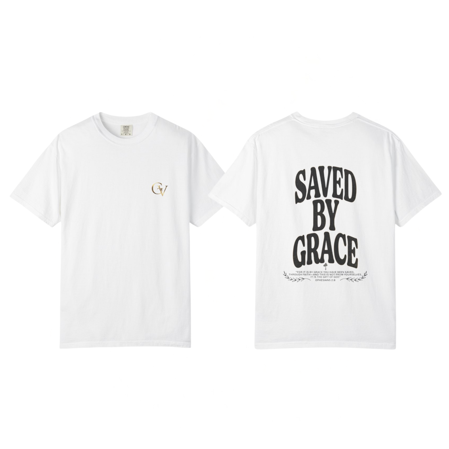 Saved by Grace Unisex Christian T-Shirt | GV Gold Monogram Collection Ephesians 2:8 Bible Verse Faith Streetwear Apparel