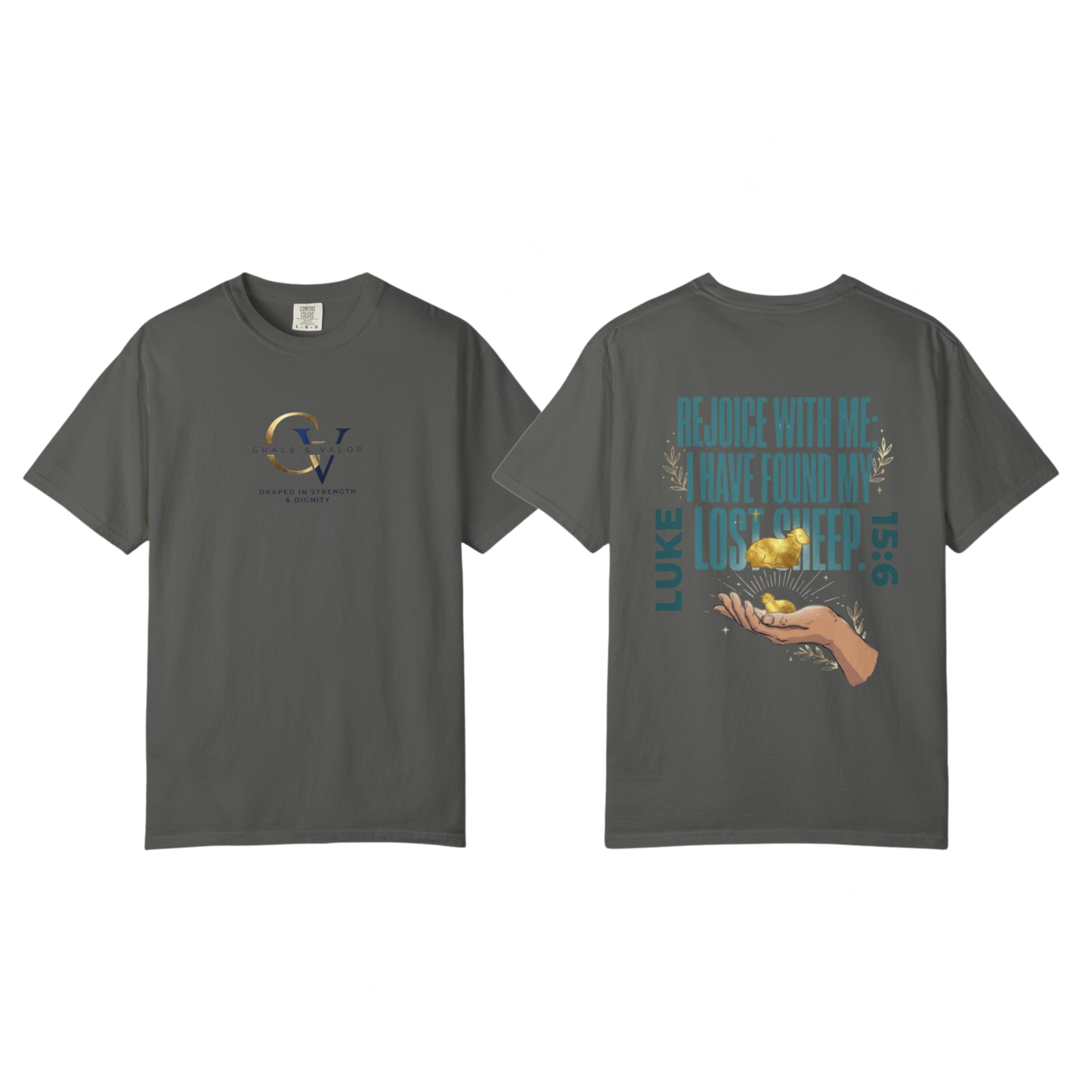 Rejoice With Me Lost Sheep Unisex Christian T-Shirt | Grace and Valor Signature Collection Luke 15:6 Bible Verse Faith Streetwear Apparel