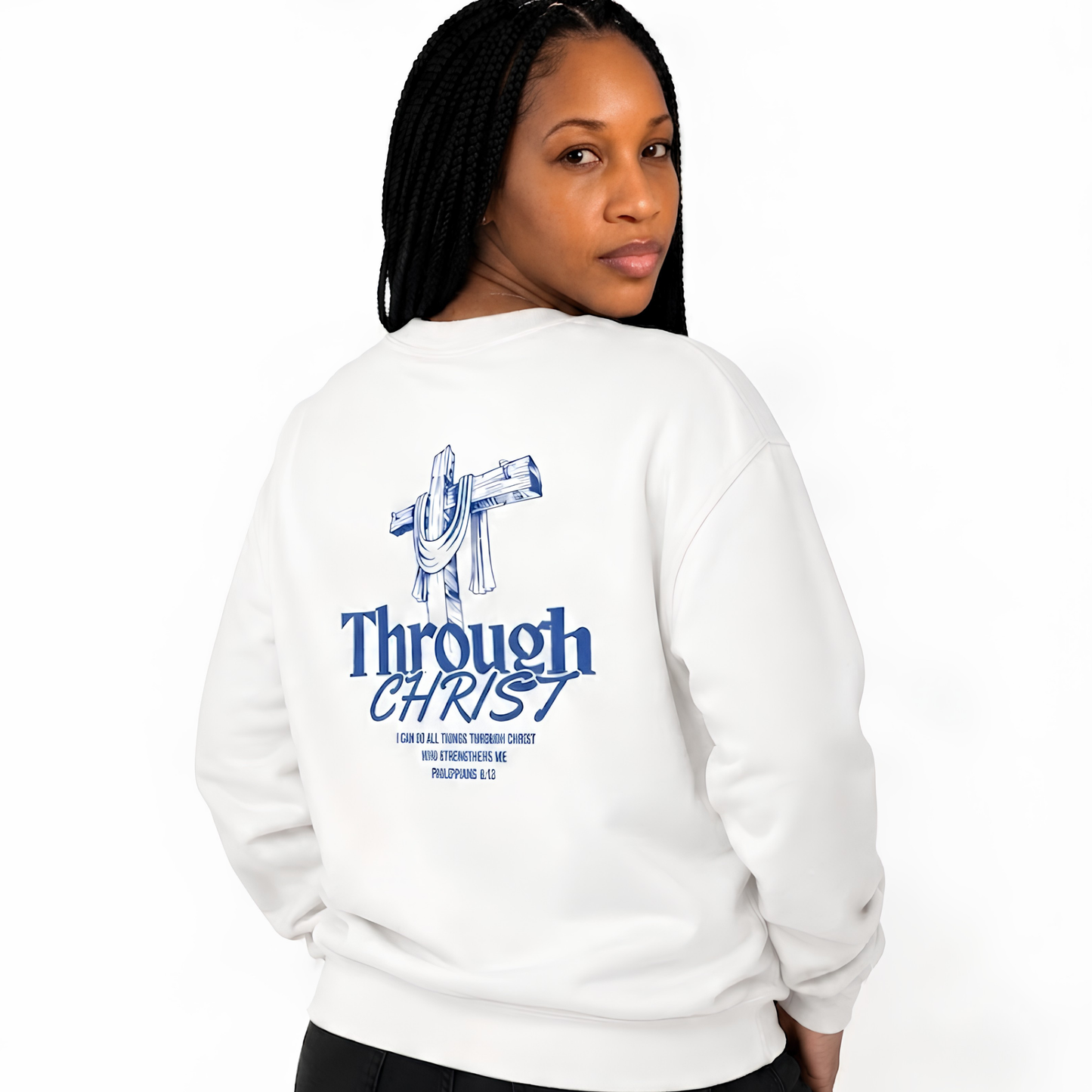 Through Christ Unisex Christian Sweatshirt | GV Gold Monogram Collection Philippians 4:13 Bible Verse Faith Streetwear Apparel