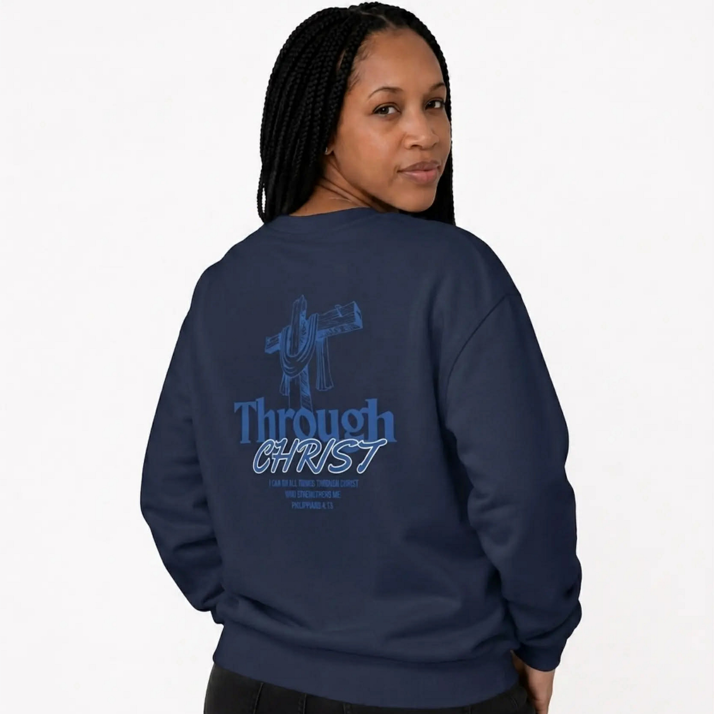 Through Christ Unisex Christian Sweatshirt | GV Gold Monogram Collection Philippians 4:13 Bible Verse Faith Streetwear Apparel