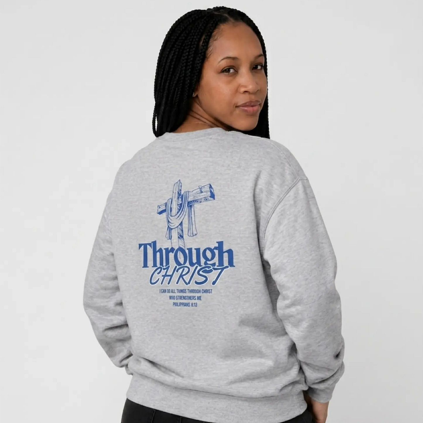 Through Christ Unisex Christian Sweatshirt | GV Gold Monogram Collection Philippians 4:13 Bible Verse Faith Streetwear Apparel