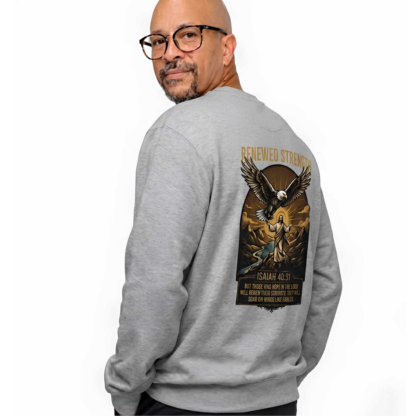 Renewed Strength Unisex Christian Sweatshirt | GV Gold Monogram Collection Isaiah 40:31 Bible Verse Faith Streetwear Apparel