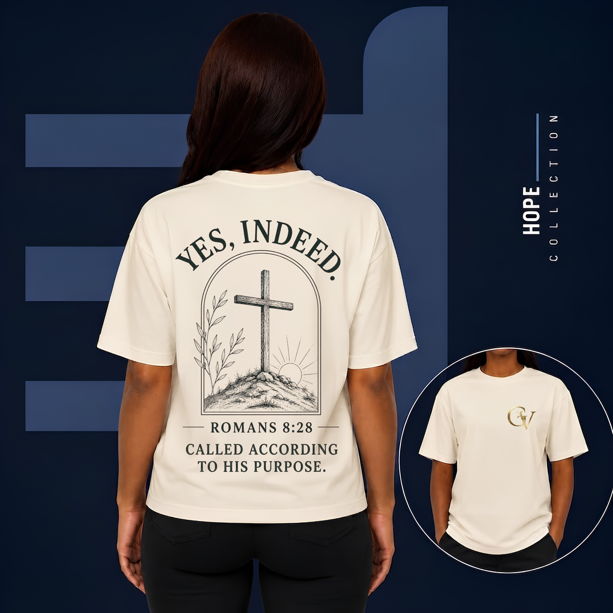 YES Indeed T-Shirt | Romans 8:29 Scripture Tee | Gold Monogram Christian Faith Shirt | Inspirational Bible Verse Apparel