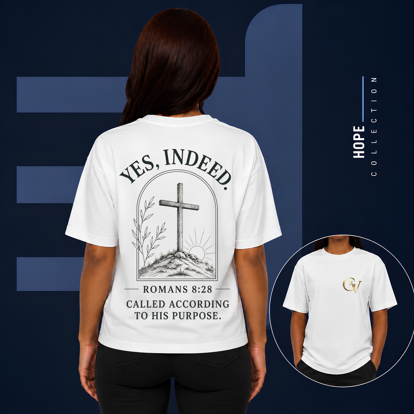 YES Indeed T-Shirt | Romans 8:29 Scripture Tee | Gold Monogram Christian Faith Shirt | Inspirational Bible Verse Apparel