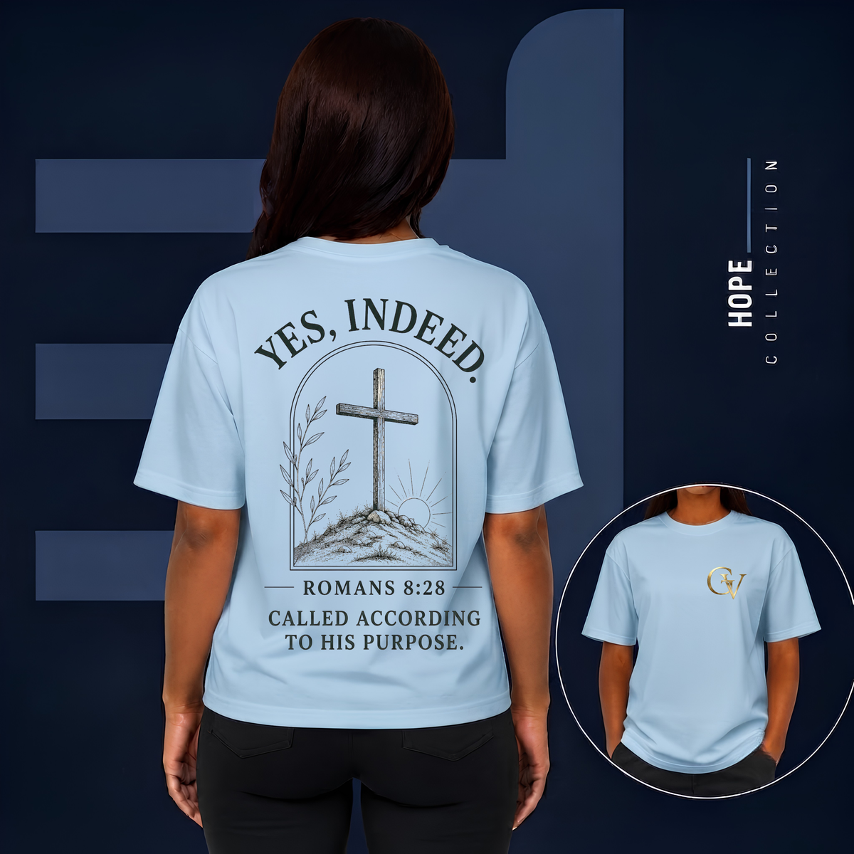 YES Indeed T-Shirt | Romans 8:29 Scripture Tee | Gold Monogram Christian Faith Shirt | Inspirational Bible Verse Apparel