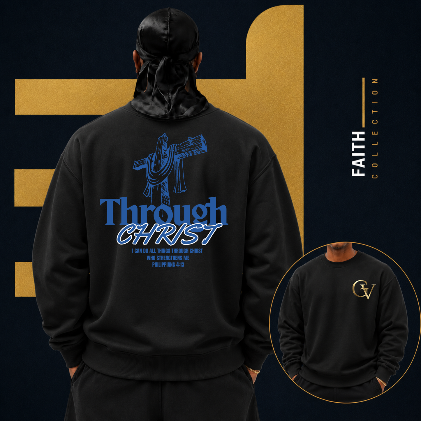 Through Christ Unisex Christian Sweatshirt | GV Gold Monogram Collection Philippians 4:13 Bible Verse Faith Streetwear Apparel