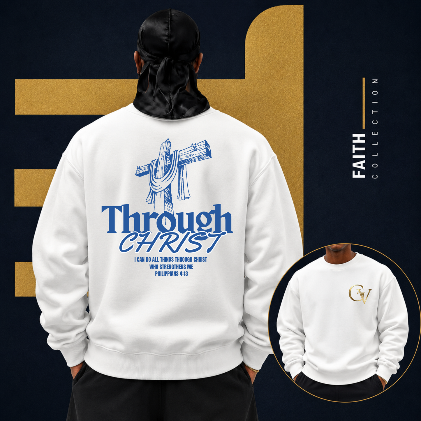 Through Christ Unisex Christian Sweatshirt | GV Gold Monogram Collection Philippians 4:13 Bible Verse Faith Streetwear Apparel