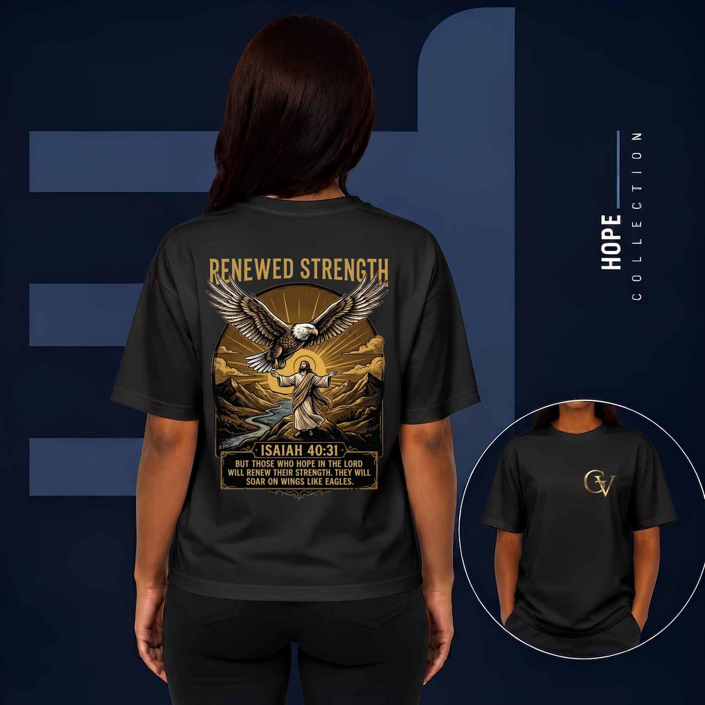 Renewed Strength Unisex Christian T-Shirt | GV Gold Monogram Collection Isaiah 40:31 Bible Verse Faith Streetwear Apparel