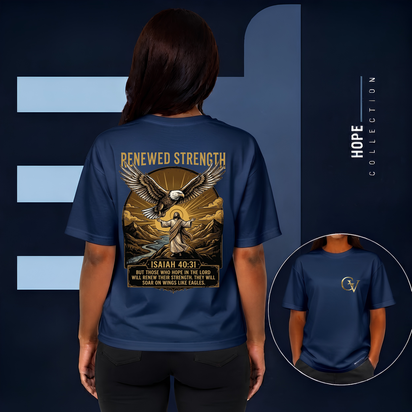 Renewed Strength Unisex Christian T-Shirt | GV Gold Monogram Collection Isaiah 40:31 Bible Verse Faith Streetwear Apparel