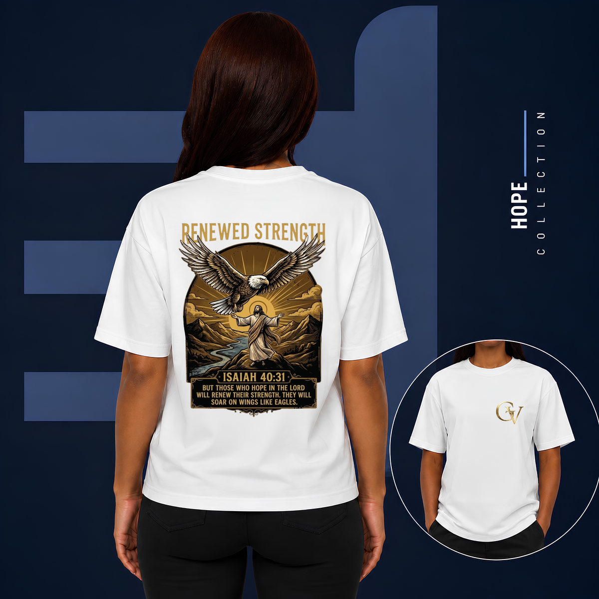 Renewed Strength Unisex Christian T-Shirt | GV Gold Monogram Collection Isaiah 40:31 Bible Verse Faith Streetwear Apparel