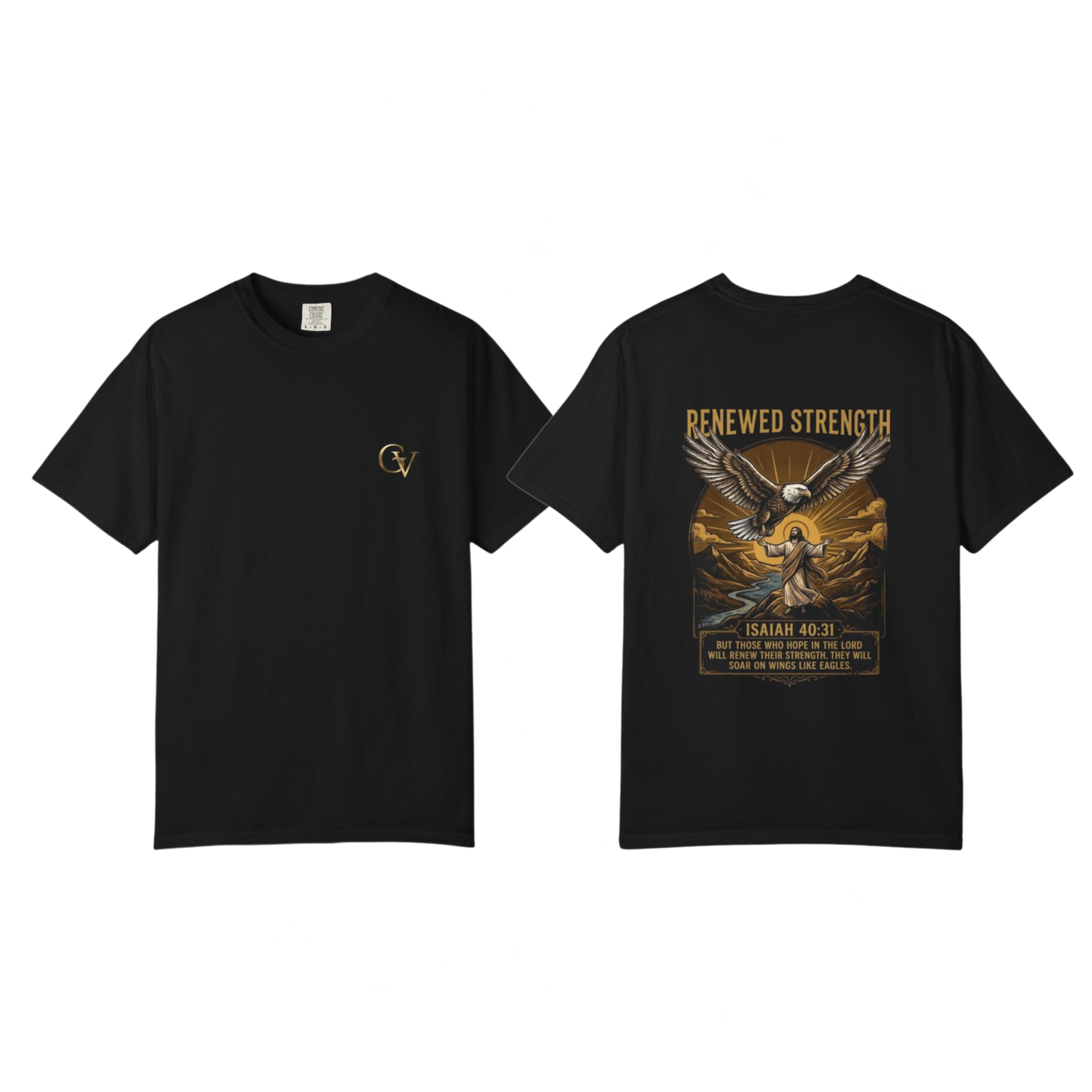 Renewed Strength Unisex Christian T-Shirt | GV Gold Monogram Collection Isaiah 40:31 Bible Verse Faith Streetwear Apparel