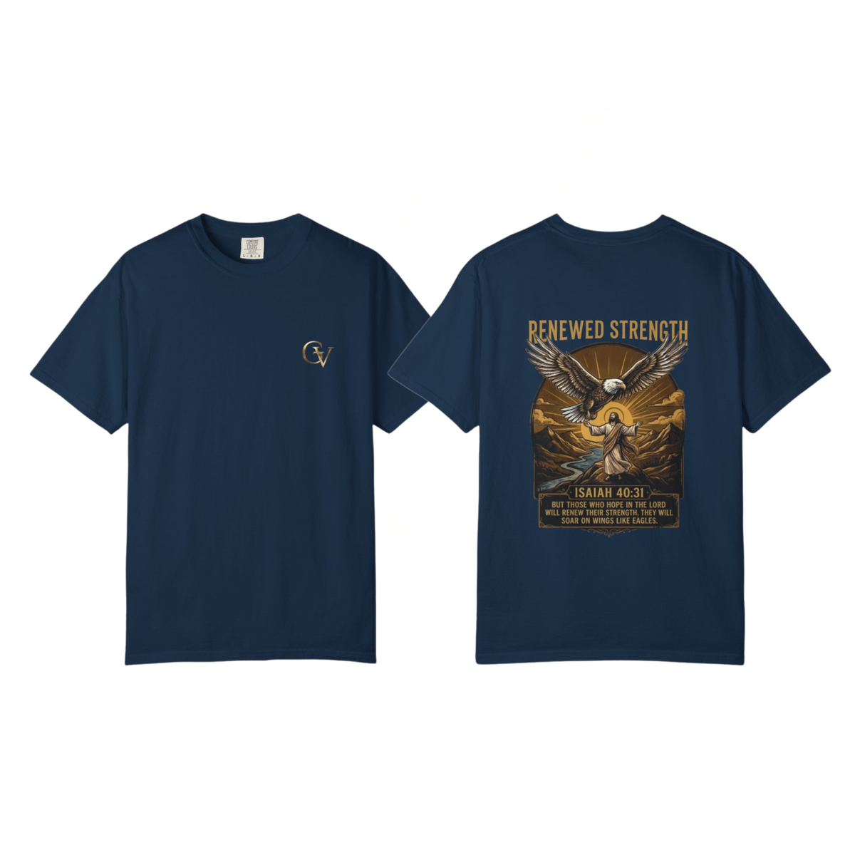 Renewed Strength Unisex Christian T-Shirt | GV Gold Monogram Collection Isaiah 40:31 Bible Verse Faith Streetwear Apparel