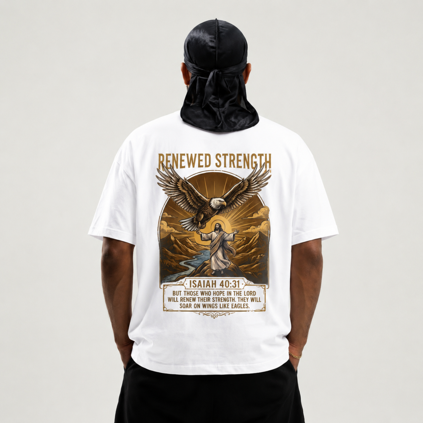Renewed Strength Unisex Christian T-Shirt | GV Gold Monogram Collection Isaiah 40:31 Bible Verse Faith Streetwear Apparel