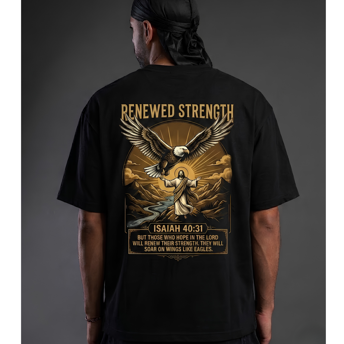 Renewed Strength Unisex Christian T-Shirt | GV Gold Monogram Collection Isaiah 40:31 Bible Verse Faith Streetwear Apparel