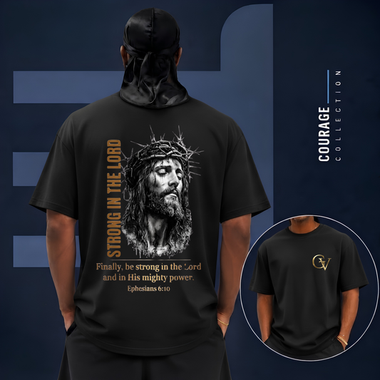 Strong in the Lord Unisex Christian T-Shirt | GV Gold Monogram Collection Ephesians 6:10 Bible Verse Faith Streetwear Apparel