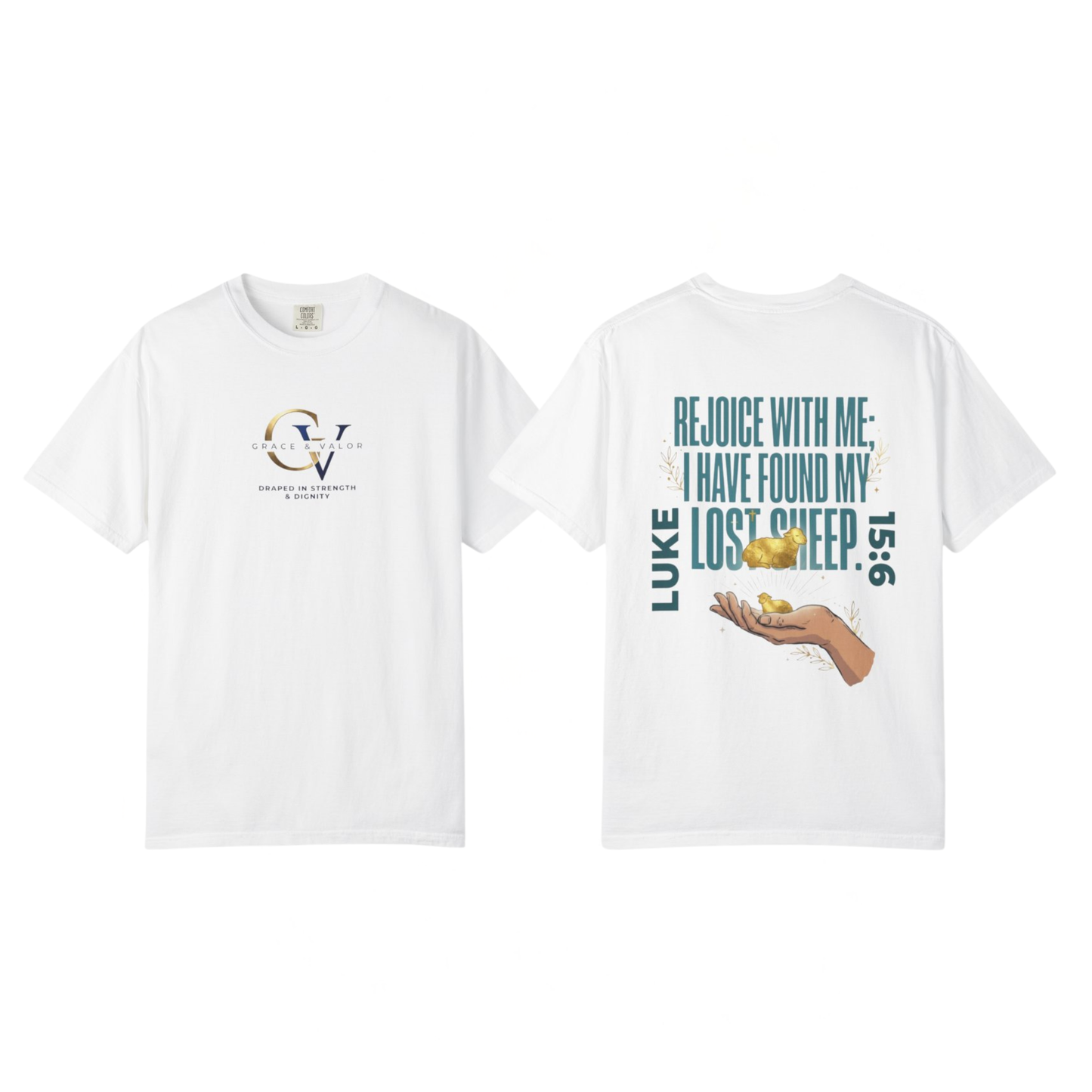 Rejoice With Me Lost Sheep Unisex Christian T-Shirt | Grace and Valor Signature Collection Luke 15:6 Bible Verse Faith Streetwear Apparel