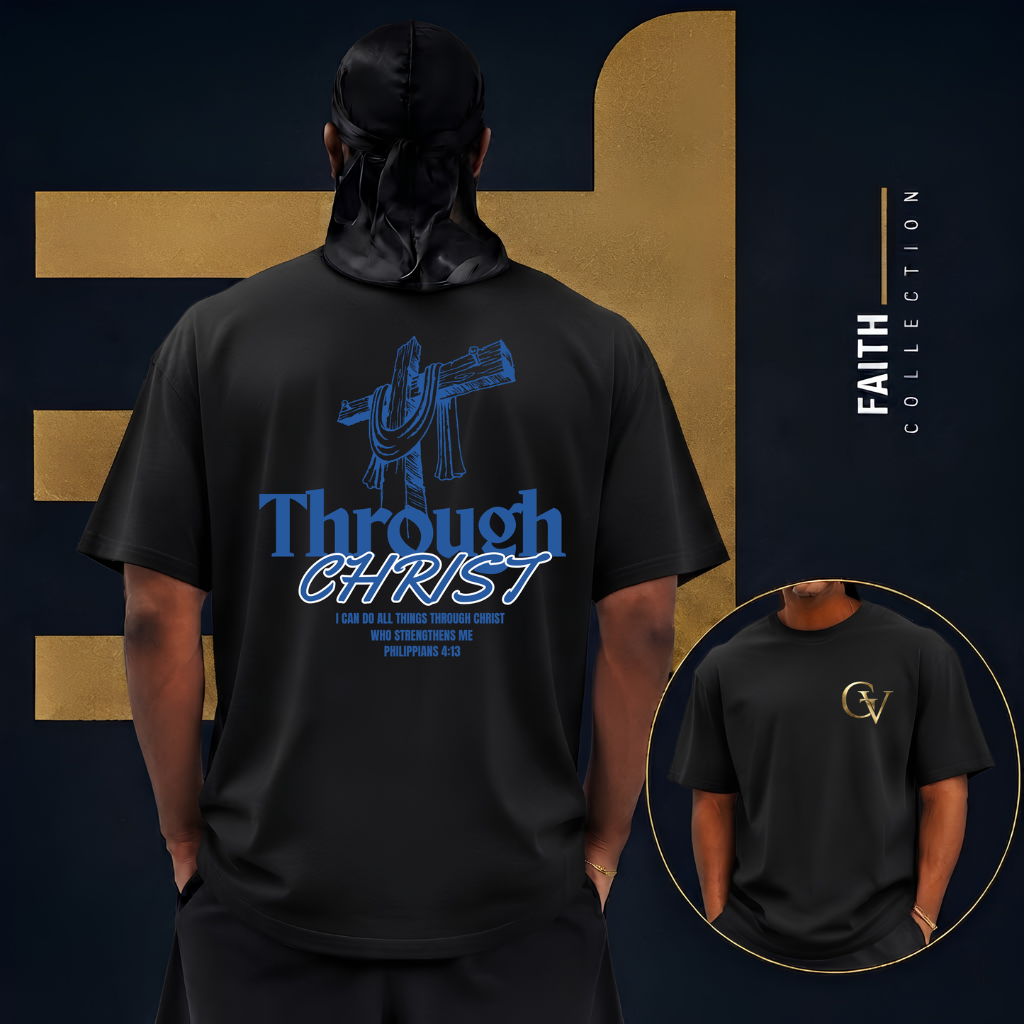 Through Christ Unisex Christian T-Shirt | GV Gold Monogram Collection Philippians 4:13 Bible Verse Faith Streetwear Apparel