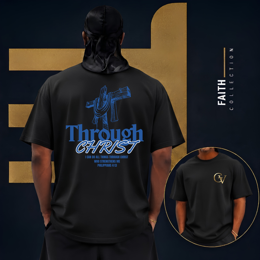 Through Christ Unisex Christian T-Shirt | GV Gold Monogram Collection Philippians 4:13 Bible Verse Faith Streetwear Apparel