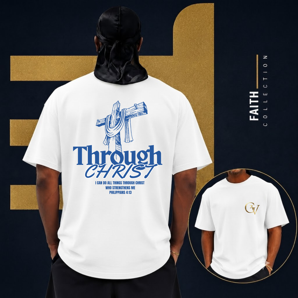 Through Christ Unisex Christian T-Shirt | GV Gold Monogram Collection Philippians 4:13 Bible Verse Faith Streetwear Apparel