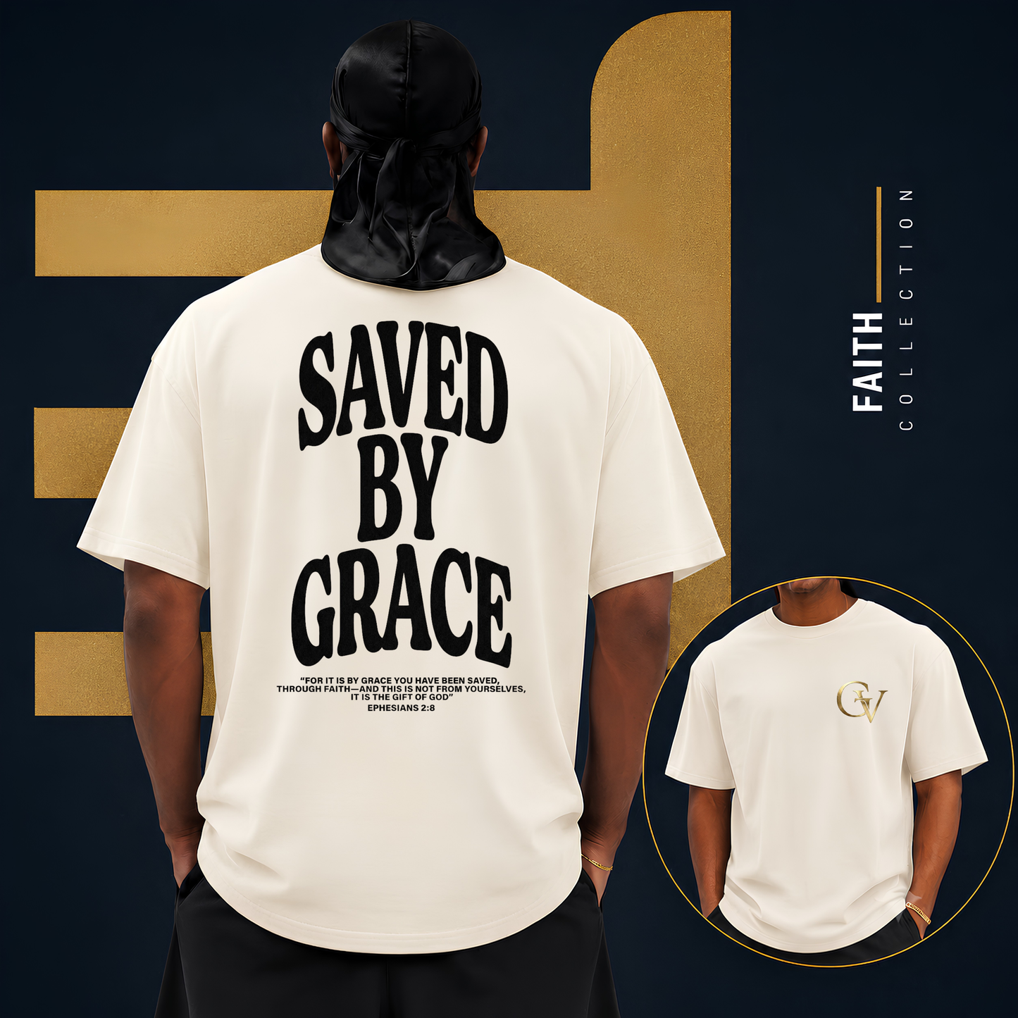 Saved by Grace Unisex Christian T-Shirt | GV Gold Monogram Collection Ephesians 2:8 Bible Verse Faith Streetwear Apparel
