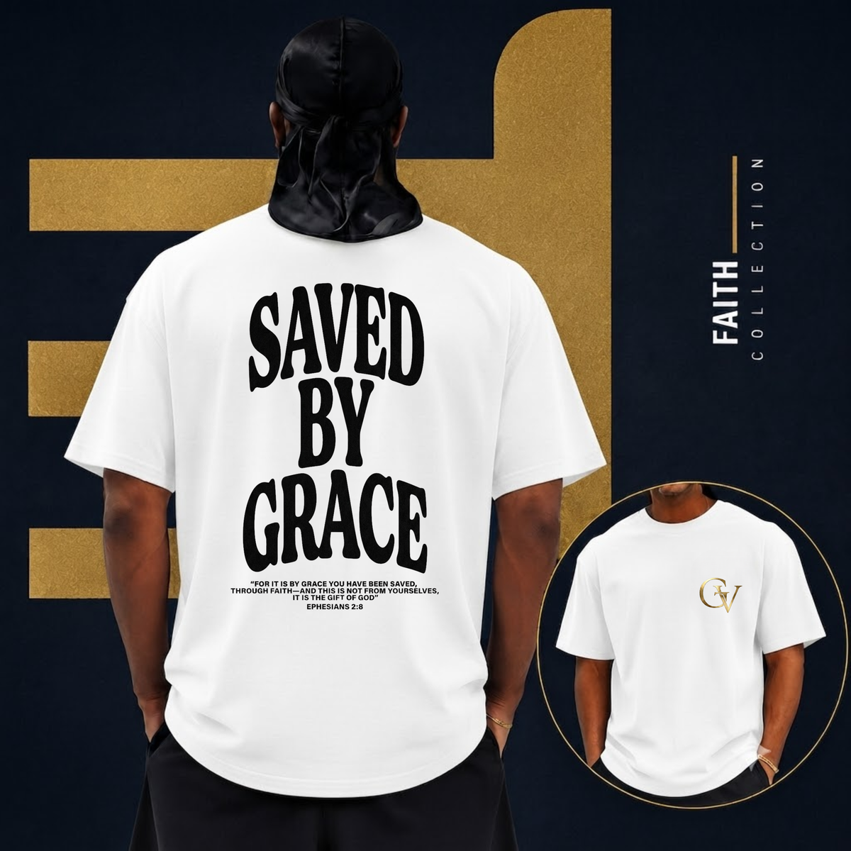 Saved by Grace Unisex Christian T-Shirt | GV Gold Monogram Collection Ephesians 2:8 Bible Verse Faith Streetwear Apparel