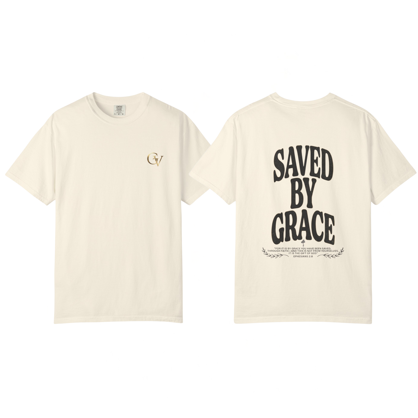 Saved by Grace Unisex Christian T-Shirt | GV Gold Monogram Collection Ephesians 2:8 Bible Verse Faith Streetwear Apparel