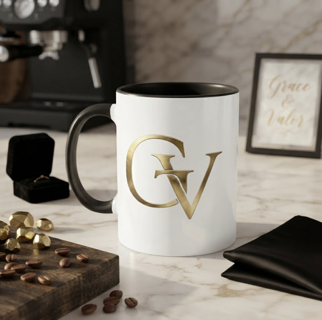 Grace & Valor Gold Monogram Coffee Mug | Elegant Office Mug for Work & Home