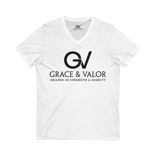 Inspirational Unisex V-Neck Tee - "God Favors Me" Blk font